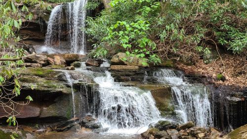 A serene waterfall cascades over rocky ledges, surrounded by lush green foliage and trees.