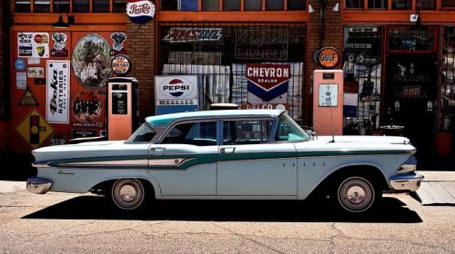 A vintage turquoise car parked in front of a retro gas station adorned with colorful signs and vintage pumps.