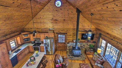 Cozy wooden cabin interior with a high ceiling, stone fireplace, kitchen, and comfortable seating area.