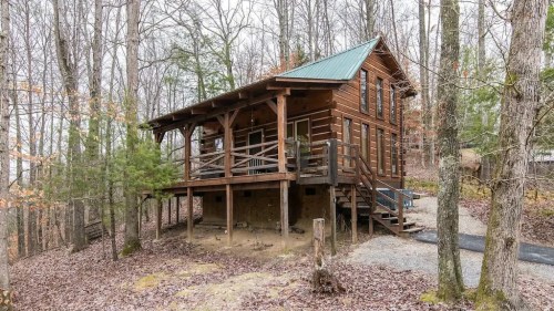 A rustic wooden cabin with a green metal roof, surrounded by trees and fallen leaves.