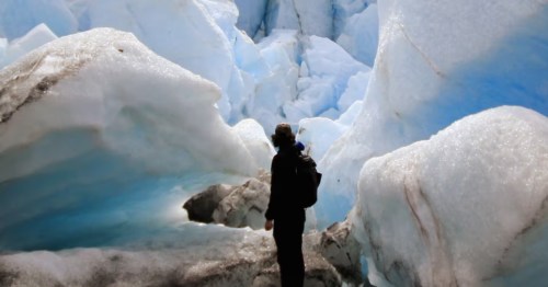 A hiker looks toward a massive glacier on a unique tour near Anchorage, Alaska.