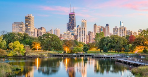 Chicago, Illinois, USA downtown skyline from Lincoln Park at twilight.