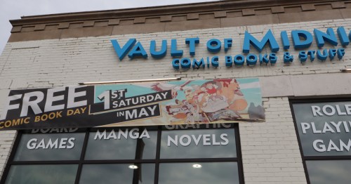 Free Comic Book Day banner outside Vault of Midnight in Detroit, MI.