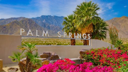 Sign reading "Palm Springs" surrounded by vibrant flowers and palm trees, with mountains in the background.