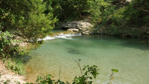 A serene river flows through a lush green landscape, surrounded by trees and rocky banks.