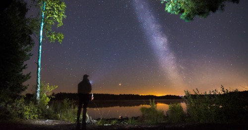 A man stands on the edge of a still lake stargazing in Georgia.