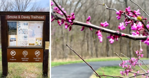 The trailhead for the Smoke & Davey Trail inside Smithville Lake State Park near Smithville, Missouri. It's one of best spring nature trails in Missouri.