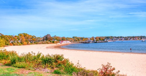 Onset Beach in Wareham, Massachusetts with sweeping waterfront views toward the pier and village.