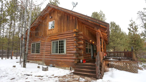 A rustic log cabin surrounded by snow-covered trees, featuring a porch and large windows.