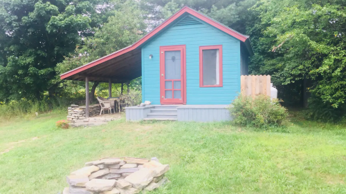 A small blue cabin with a red roof and door, surrounded by greenery and a stone fire pit in front.