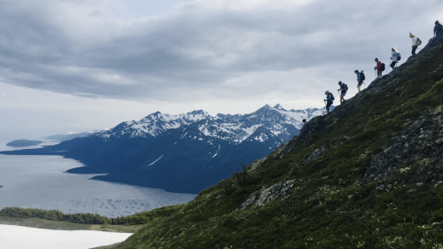 A group of hikers ascends a rocky slope with snow-capped mountains and a body of water in the background.