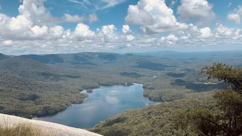 A scenic view of a lake surrounded by lush greenery and mountains under a partly cloudy sky.
