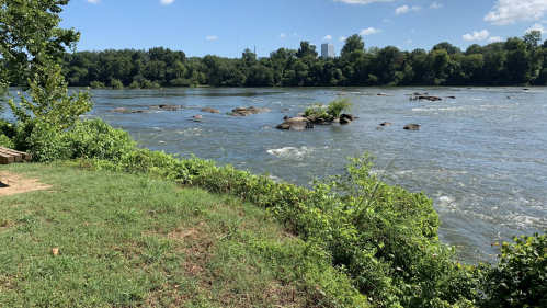 A serene river scene with rocks, green foliage, and a clear blue sky dotted with clouds.