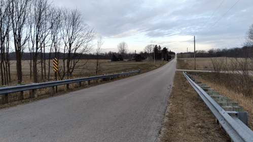 A quiet rural road stretches into the distance, flanked by bare trees and open fields under a cloudy sky.