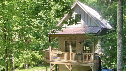 A charming wooden cabin nestled among lush green trees, featuring a porch and surrounded by nature.