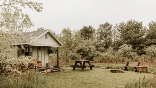 A cozy cabin surrounded by greenery, featuring a picnic table and fire pit in a serene outdoor setting.