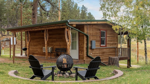 A cozy wooden cabin with a fire pit and chairs in front, surrounded by trees and open grassland.