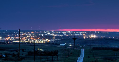 A sunset aerial view over Williston, North Dakota