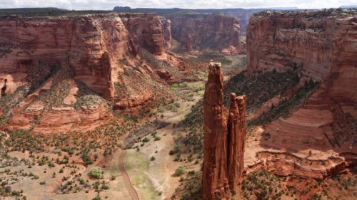 A stunning canyon landscape featuring towering red rock formations and a winding river below, surrounded by greenery.