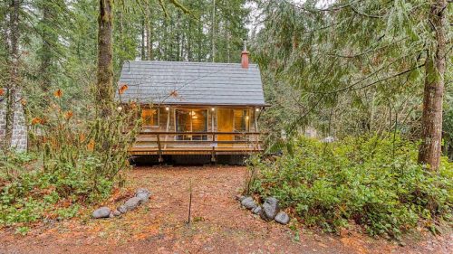 A cozy cabin surrounded by trees, featuring a front porch and a gravel path, set in a serene forested area.