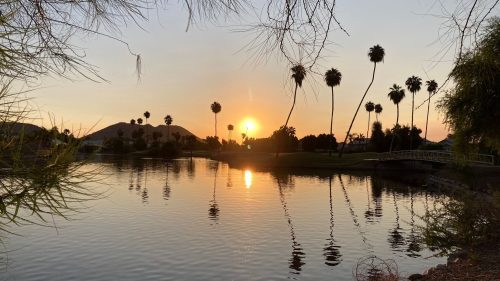 Sunset over a calm lake, with palm trees and mountains silhouetted against the colorful sky. Reflections on the water.