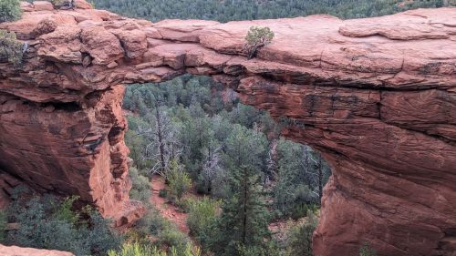 A natural rock arch stands over a dense forest, showcasing red rock formations and greenery in the background.