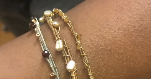 Unique guitar string bracelets with pearls and gems from Cleveland Heights, OH.