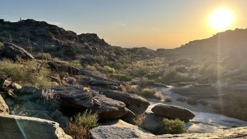 A desert landscape at sunset, featuring rocky terrain and sparse vegetation under a warm, glowing sky.