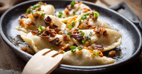 Close-up of authentic homemade pierogi with bacon in Appleton Wisconsin.