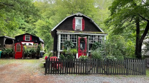 A charming black wooden house with a red door, surrounded by greenery and a picket fence, set in a wooded area.