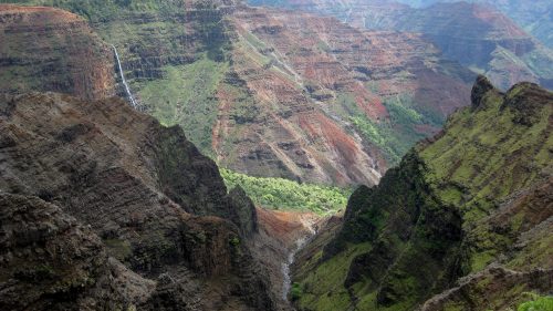 A breathtaking view of a canyon with steep, colorful cliffs and a waterfall cascading down into a lush valley below.