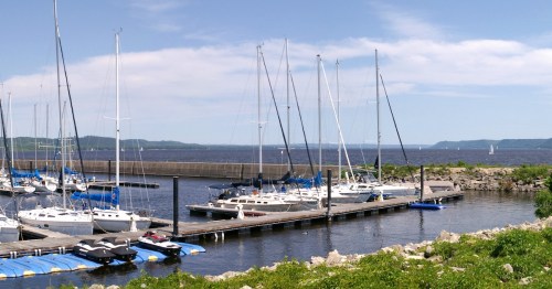 Sailboats docked at a marina in Lake City, Minnesota, with lake and hills in the background on a sunny day.