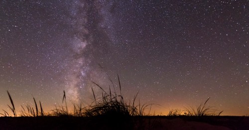 The Milky Way galaxy arcs over dark dune grass silhouettes at Sleeping Bear Dunes National Lakeshore.