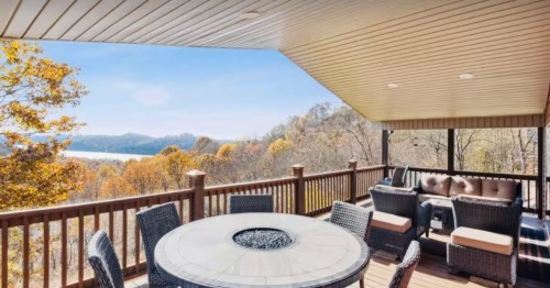 View from covered deck on a TN Airbnb showing Cumberland river with mountains surrounding
