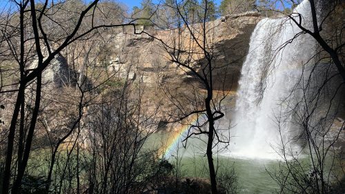 A waterfall cascades into a serene pool, framed by trees and a rainbow in the mist under a clear blue sky.