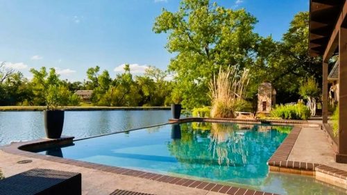 A serene poolside view with a clear blue sky, lush greenery, and a calm water body in the background.