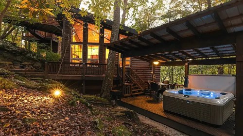 A cozy cabin surrounded by trees, featuring a hot tub on a deck with warm lighting and autumn leaves scattered around.