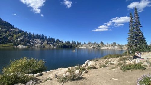 A serene lake surrounded by rocky terrain and pine trees under a clear blue sky with a few fluffy clouds.