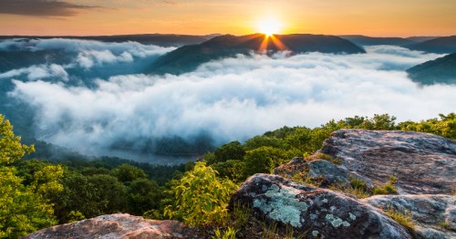 Early morning fog hovers over the New River Gorge from a viewpoint on a spring hike in West Virginia.