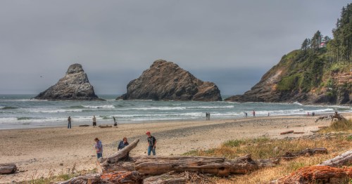 Beach scene with sea stacks and driftwood at Yachats State Park in Oregon on a misty afternoon.