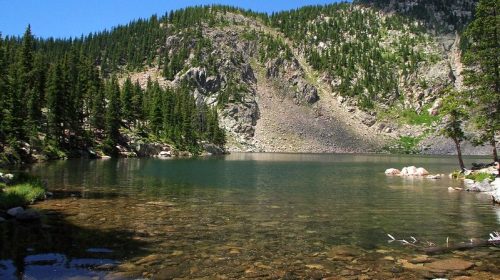 A serene mountain lake surrounded by lush green trees and rocky cliffs under a clear blue sky.