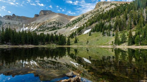 A serene mountain lake reflecting surrounding trees and peaks under a blue sky with scattered clouds.