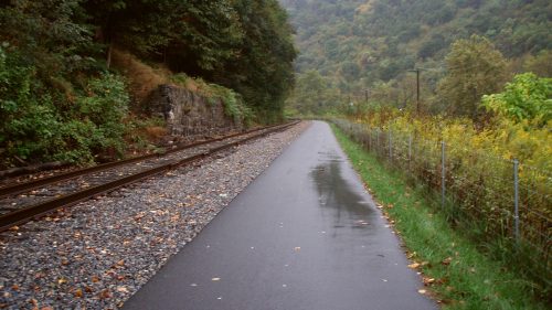 A misty landscape featuring a wet path alongside train tracks, bordered by trees and a mountain in the background.