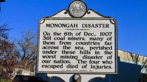 Historical sign commemorating the Monongah Disaster, detailing the 1907 coal mining tragedy that claimed 361 lives.