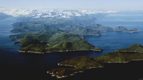 Aerial view of lush green islands surrounded by deep blue water and snow-capped mountains in the background.