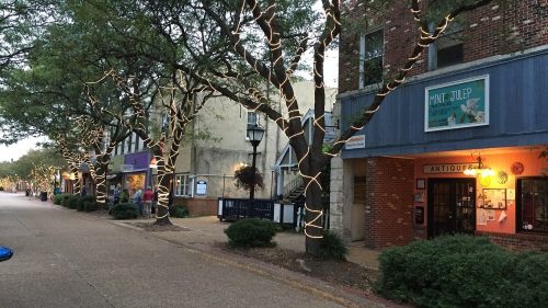 A charming street lined with trees wrapped in lights, featuring shops and a cozy atmosphere at dusk.