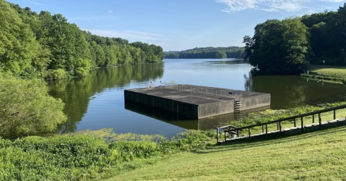 A concrete fishing platform on the dock of Wilhelm Lake in Maurice K. Goddard State Park in Pennsylvania.