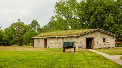 Blacksmith shop and old wagon at Fort Kearny State Historical Park in Kearney County.