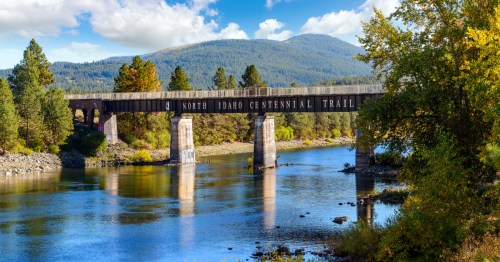 A pedestrian bridge over the Spokane River with the words "North Idaho Centennial Trail" underneath.