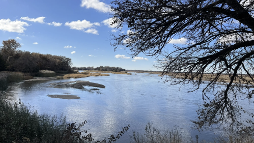 Water surrounded by trees on a sunny day along the Fort Kearny Hike and Bike Trail